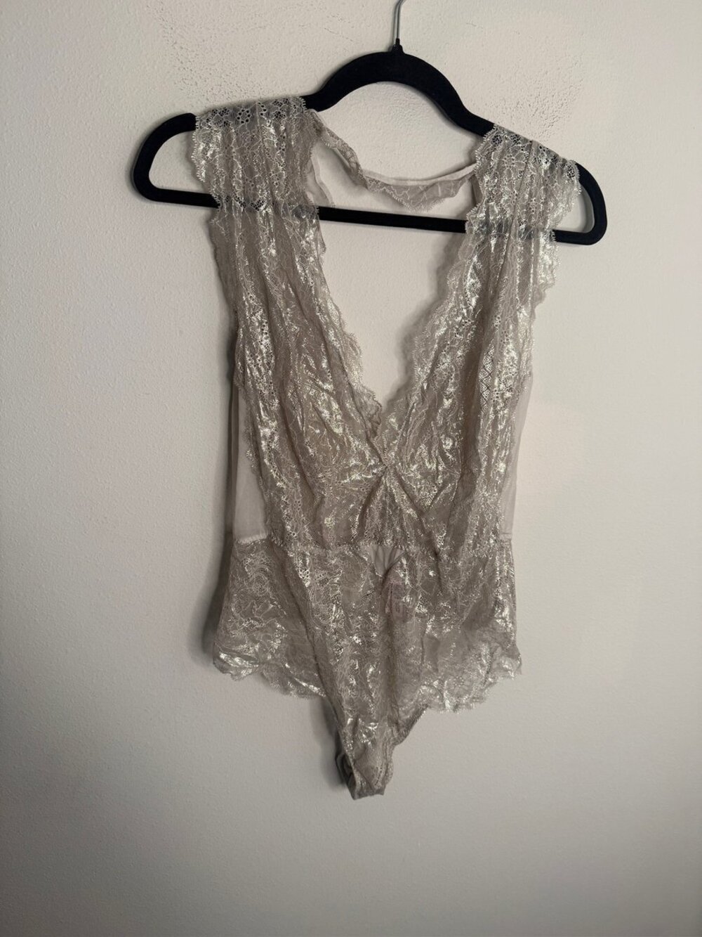 Victoria's Secret Victorias Secret Silver Metallic Lace Deep V-Neck Mesh Teddy